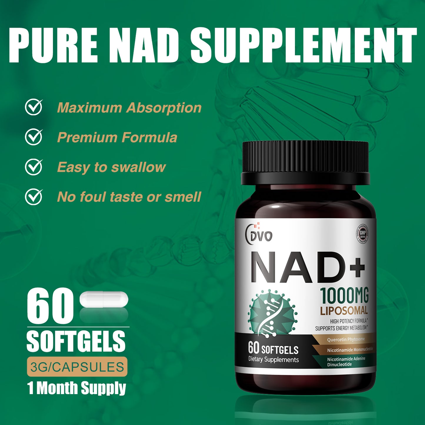 DVO 1000MG Liposomal Nad+ Supplement Anti-aging Nad+ Support for Skin Heart Brain Health Improve Energy and Cellular, 60 Capsules