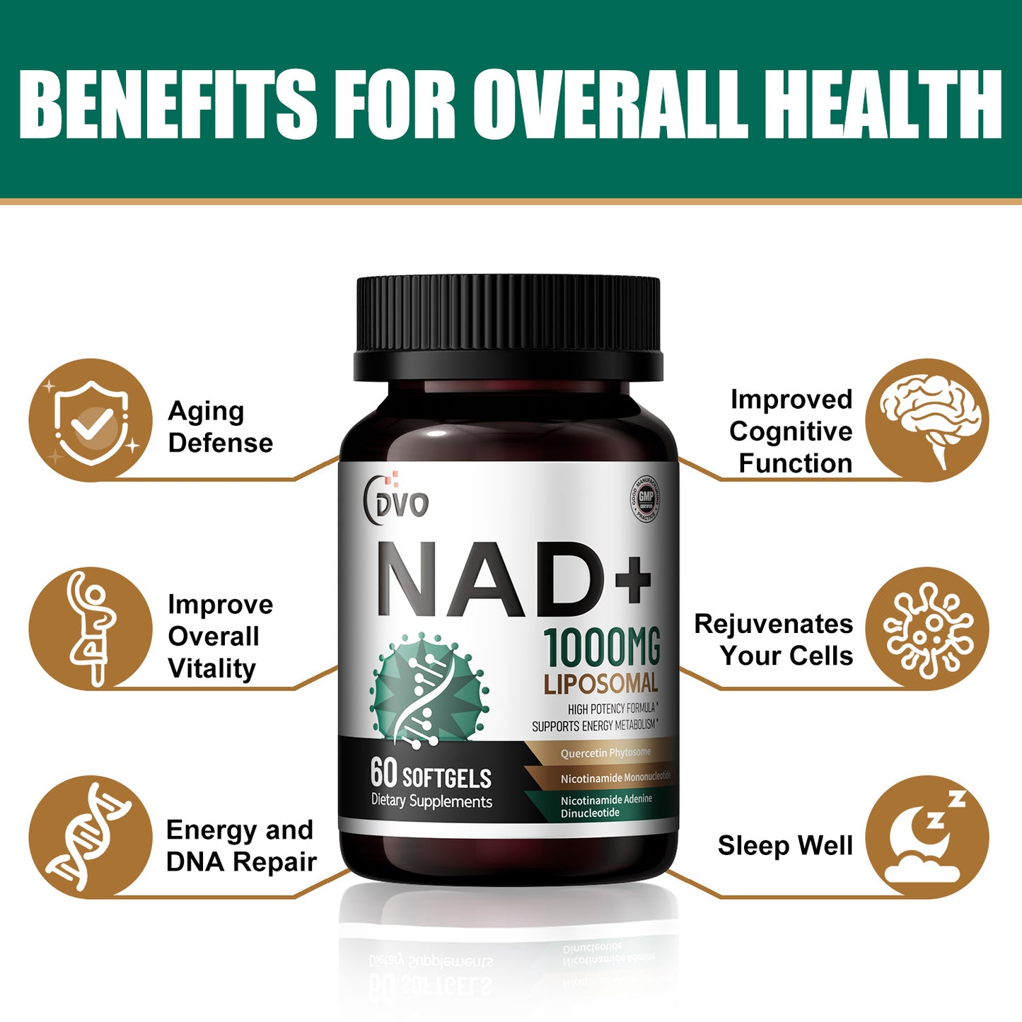 DVO 1000MG Liposomal Nad+ Supplement Anti-aging Nad+ Support for Skin Heart Brain Health Improve Energy and Cellular, 60 Capsules