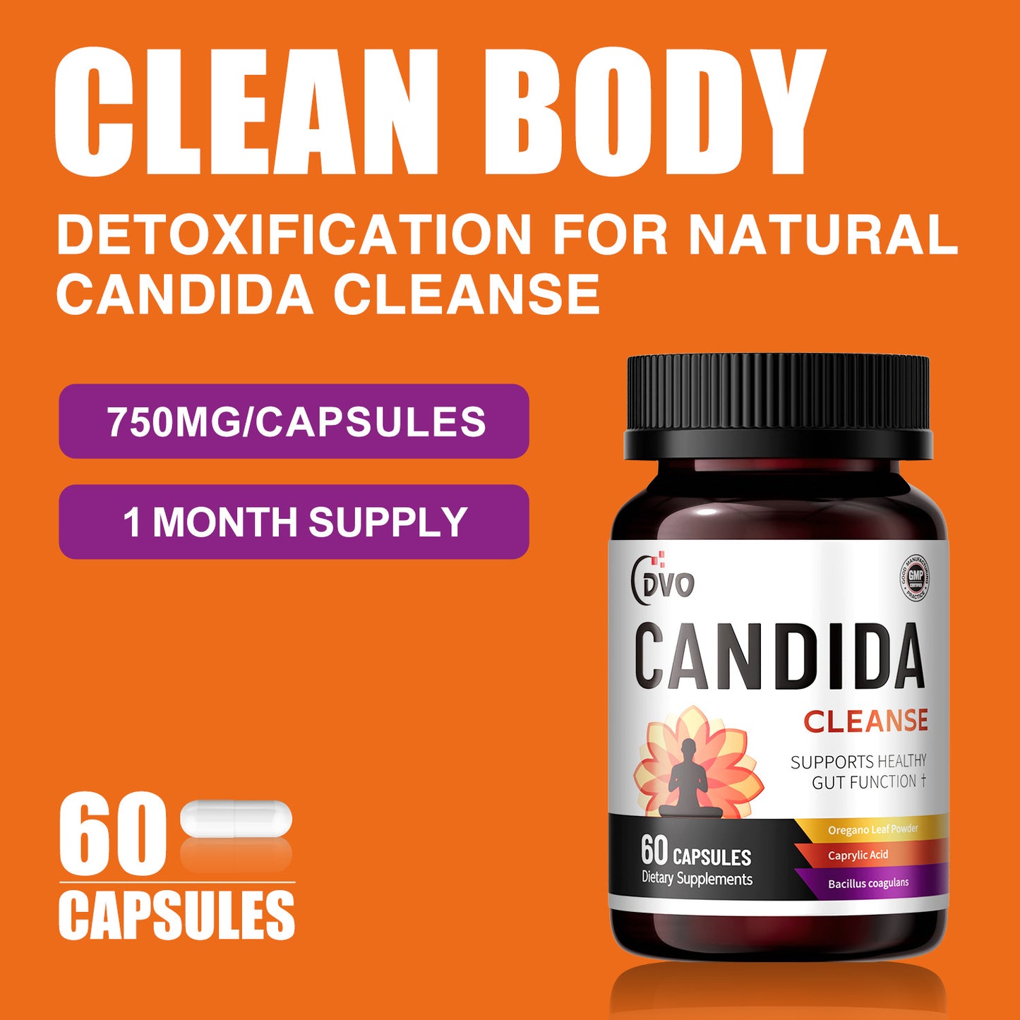 DVO Candida Cleanse Supplement for Detox Cleanse Oregano and Caprylic Acid Blend for Candida Overgrowth-Dandruft/Psoriasis/Eczema/Skin issue, 60 Capsules