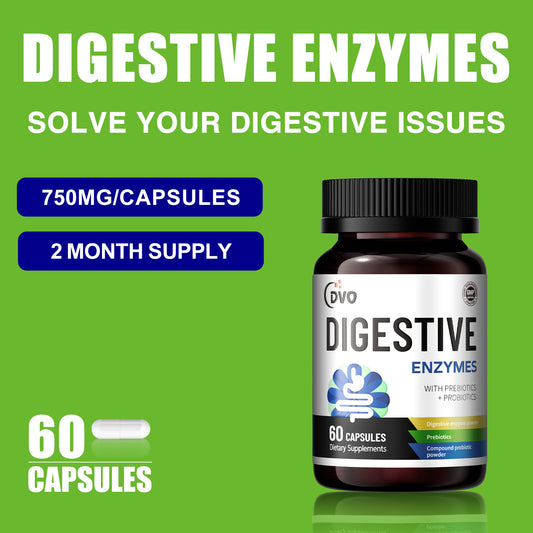 DVO Digestive Enzymes with Prebiotic for Weight Digest Gut Health Reduce Gas Bloating-60 Billion CFU-Probiotic-Non GMO Verified, 60 Capsules