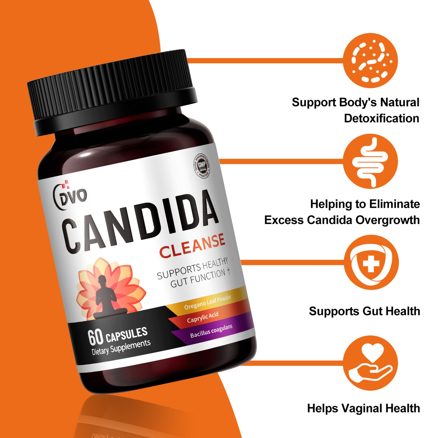 DVO Candida Cleanse Supplement for Detox Cleanse Oregano and Caprylic Acid Blend for Candida Overgrowth-Dandruft/Psoriasis/Eczema/Skin issue, 60 Capsules