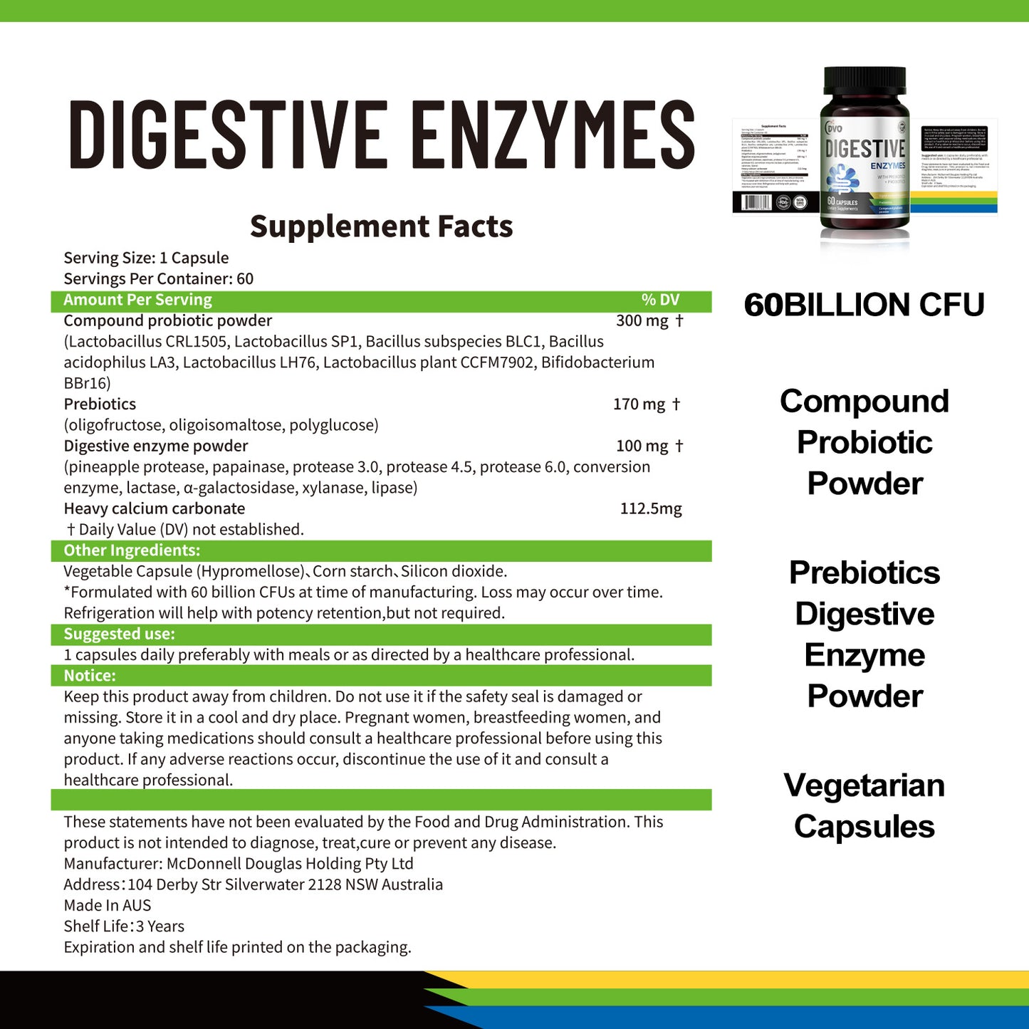 DVO Digestive Enzymes with Prebiotic for Weight Digest Gut Health Reduce Gas Bloating-60 Billion CFU-Probiotic-Non GMO Verified, 60 Capsules