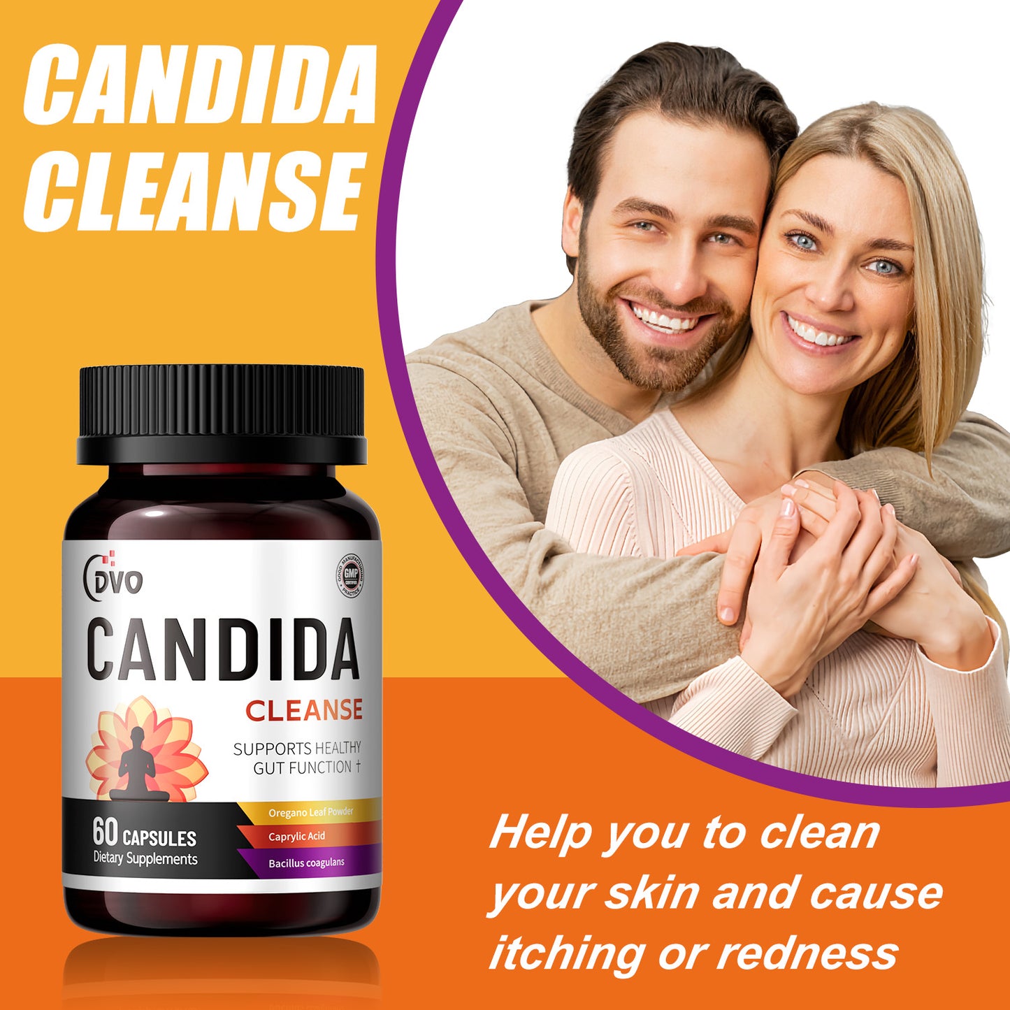 DVO Candida Cleanse Supplement for Detox Cleanse Oregano and Caprylic Acid Blend for Candida Overgrowth-Dandruft/Psoriasis/Eczema/Skin issue, 60 Capsules