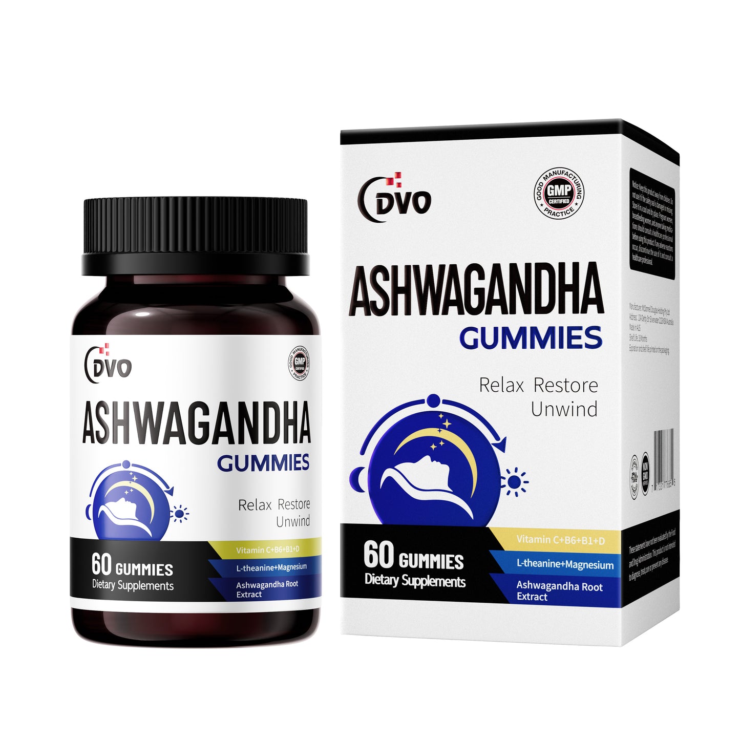 DVO Ashwagandha Gummies for Stress Relief Improve Sleep Mood Enhanced Energy Ashwagandha Vitamin Complex Supplements for Men and Women, Vegan, 60 Capsules