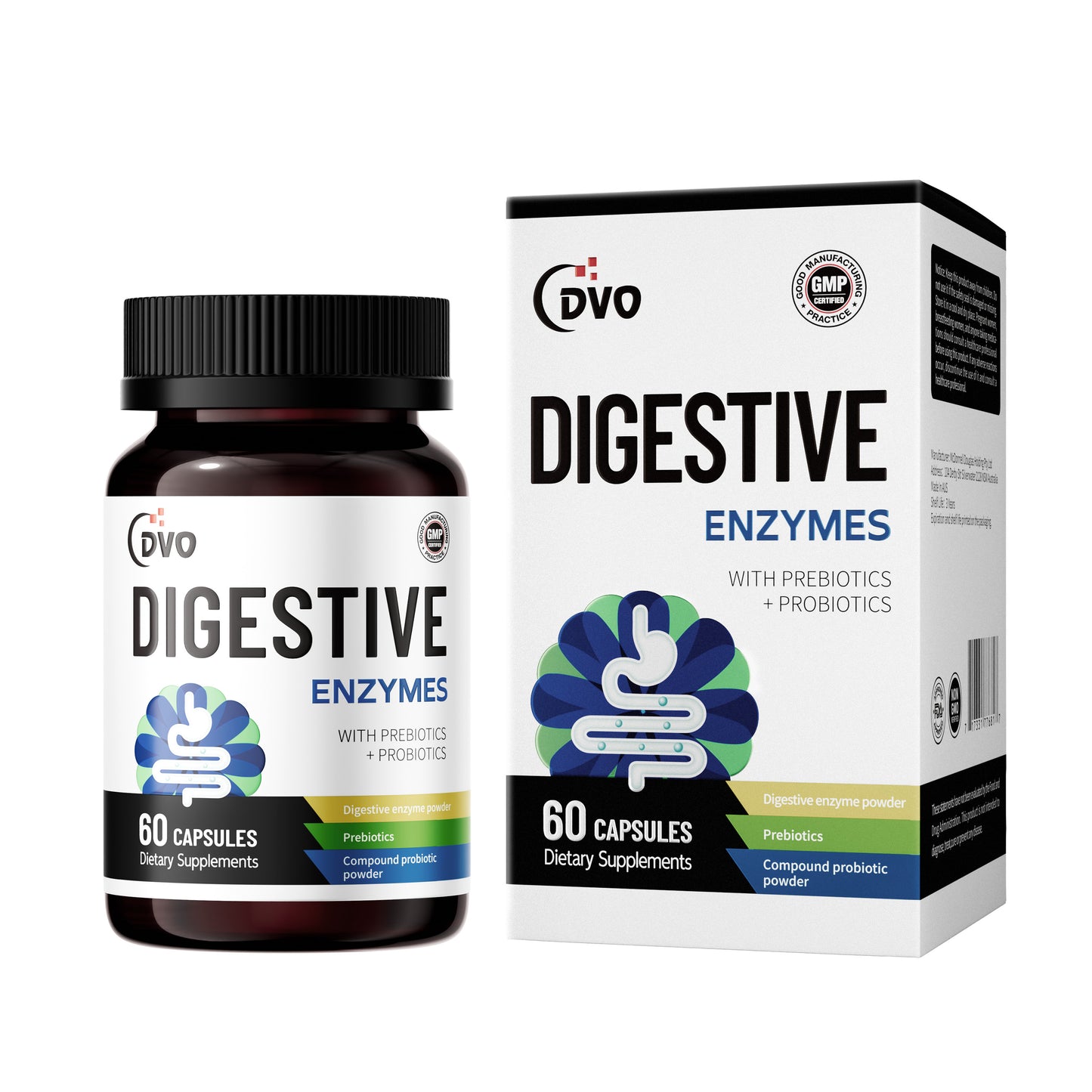 DVO Digestive Enzymes with Prebiotic for Weight Digest Gut Health Reduce Gas Bloating-60 Billion CFU-Probiotic-Non GMO Verified, 60 Capsules